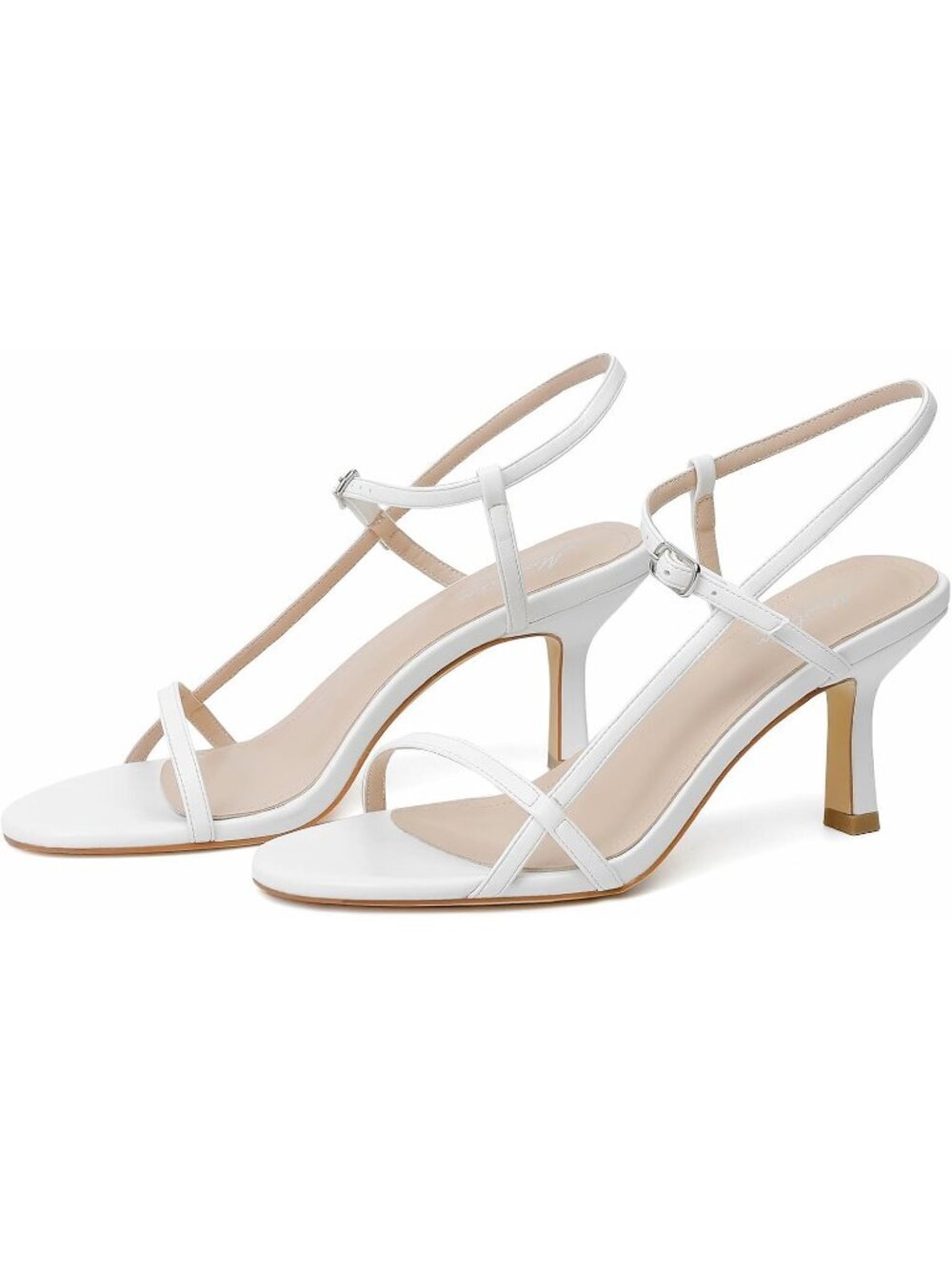Women's Strappy Square Open Toe Heel White 05 Sandals Ankle Strap Stiletto Heel
